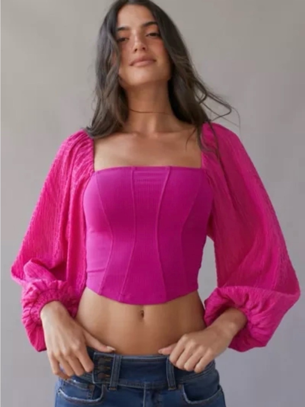 UO Claudia Blouse Berry Pink Corset Puff Sleeve Crop Top S